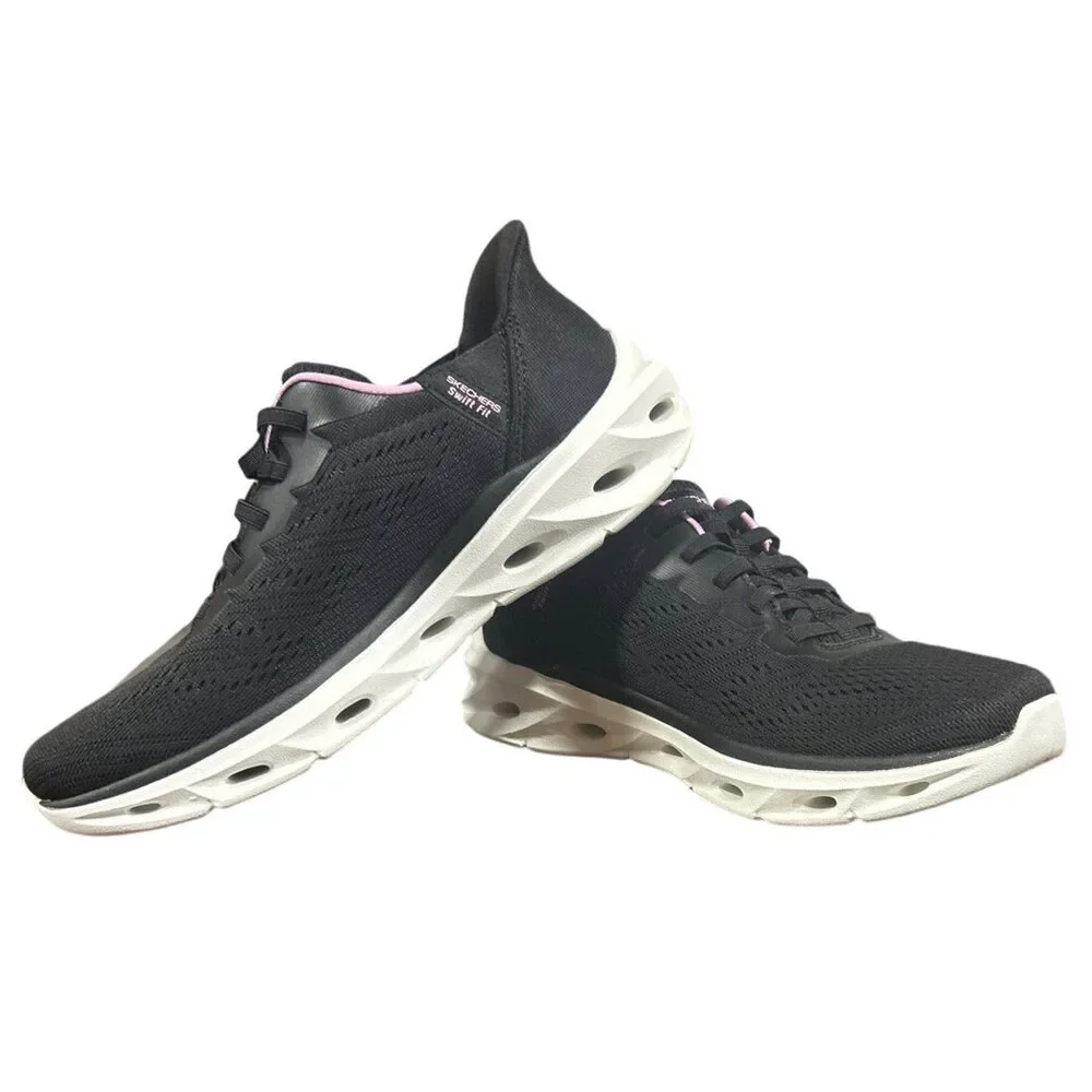 New Skechers Womens Size 7.5 Black Pink Mesh Hands Free Slide On Swift Fit Shoes